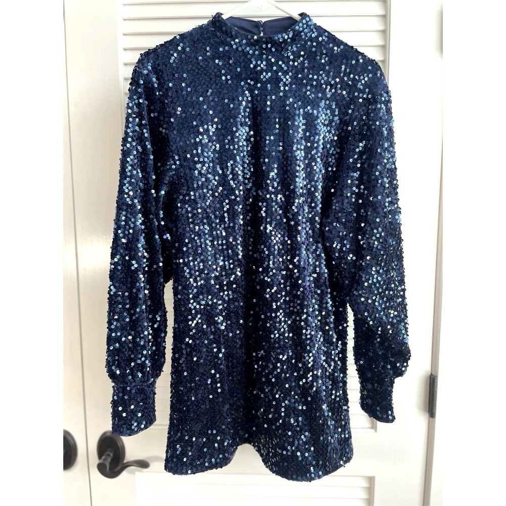 Camila Coelho Blue Long Sleeve Mock Neck Sequin Dress Women's S Glam Party